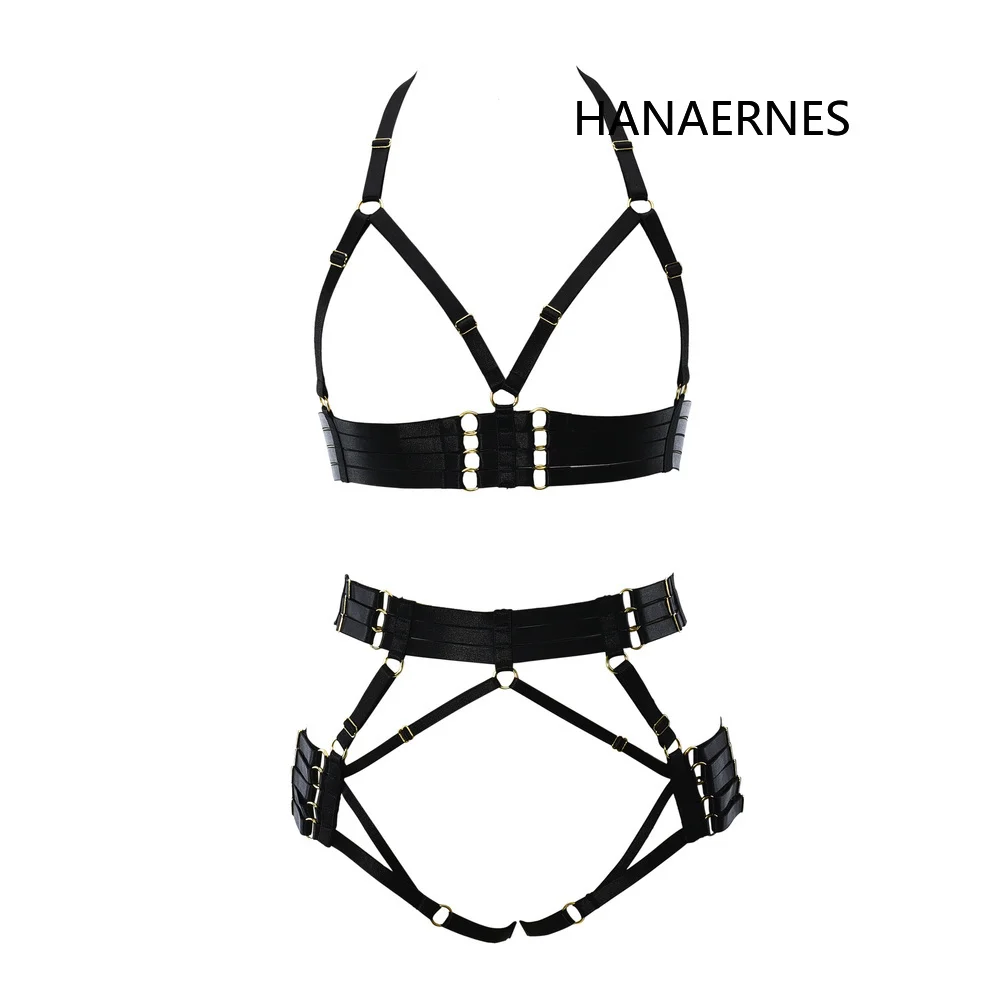 HANAERNES Elastic Adjustment Punk Dance Carnival Costume Gothic Suspender Bra Women's Black Tight Top Garter Sexy Lingerie Set