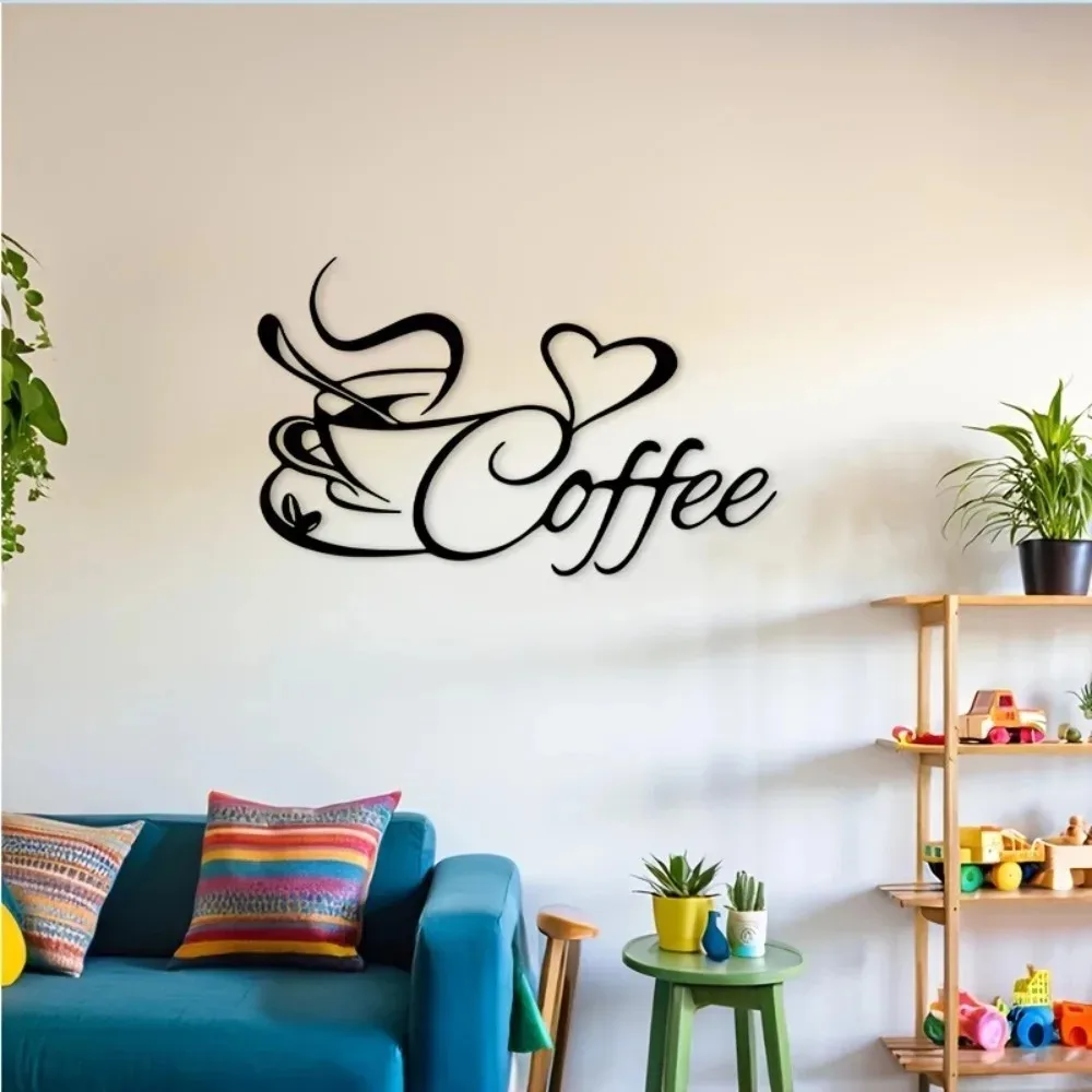 Iron Brew Metal Wall Art 2D Flat Minimalist Handcrafted Coffee Cup Decor Heart Bean Design Cursive Vintage Sign