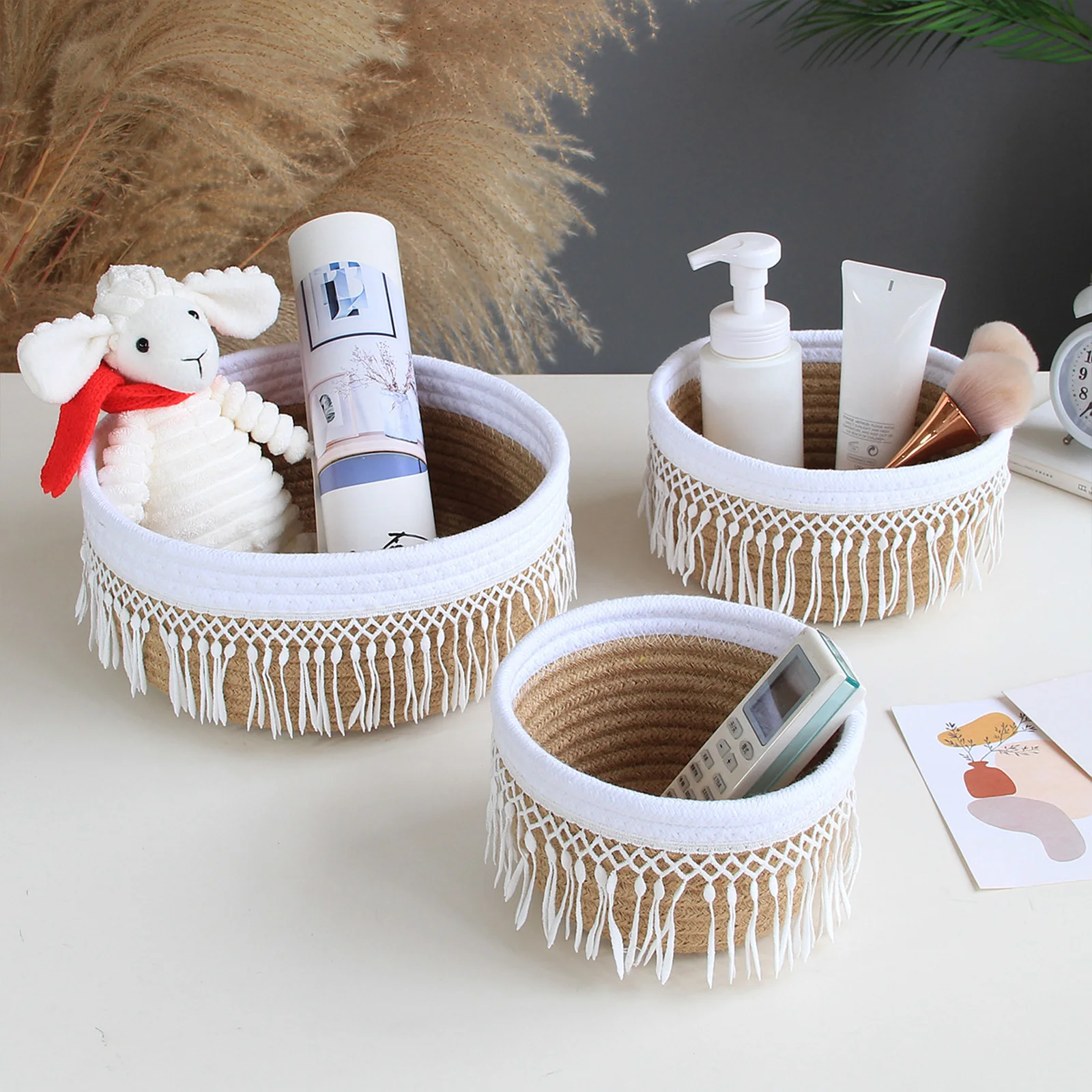 

Storage Box Debris Basket Jute + Cotton Rope Household Products Tassel Cosmetic White Home Organization