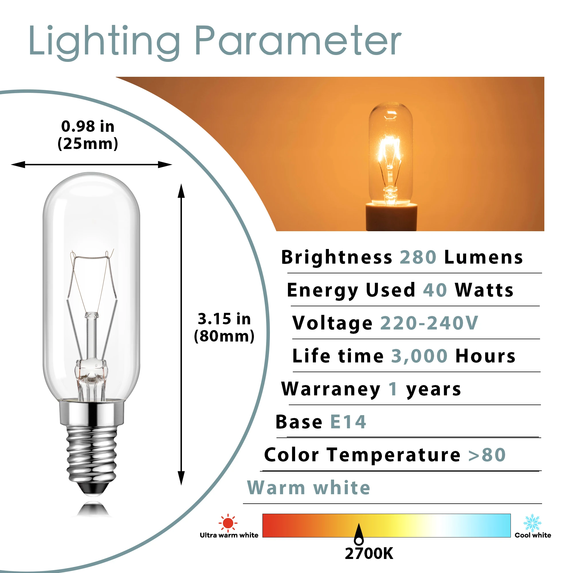 6Pack E14 40W T25 Cooker Hood Bulbs 220V Warm White 2700K T6 Dimmable Decor Incandescent Light Bulb for Ceiling Light Table Lamp