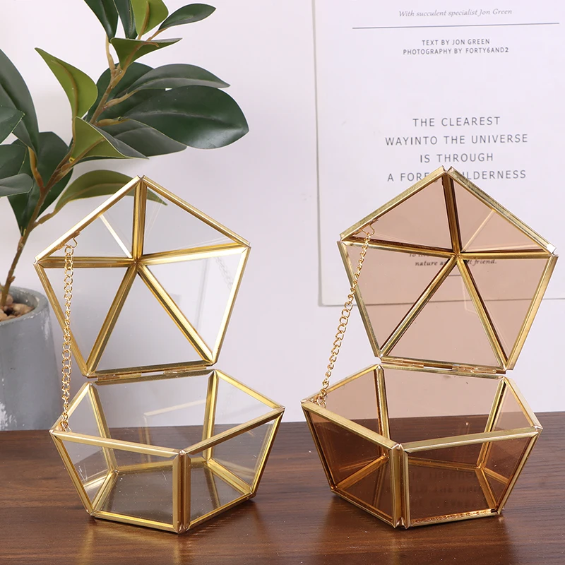 1Pc Transparent Pentagon Jewelry Storage Box Clear Jewelry Display Case Ring Earring Organizer Holder Tabletop Container