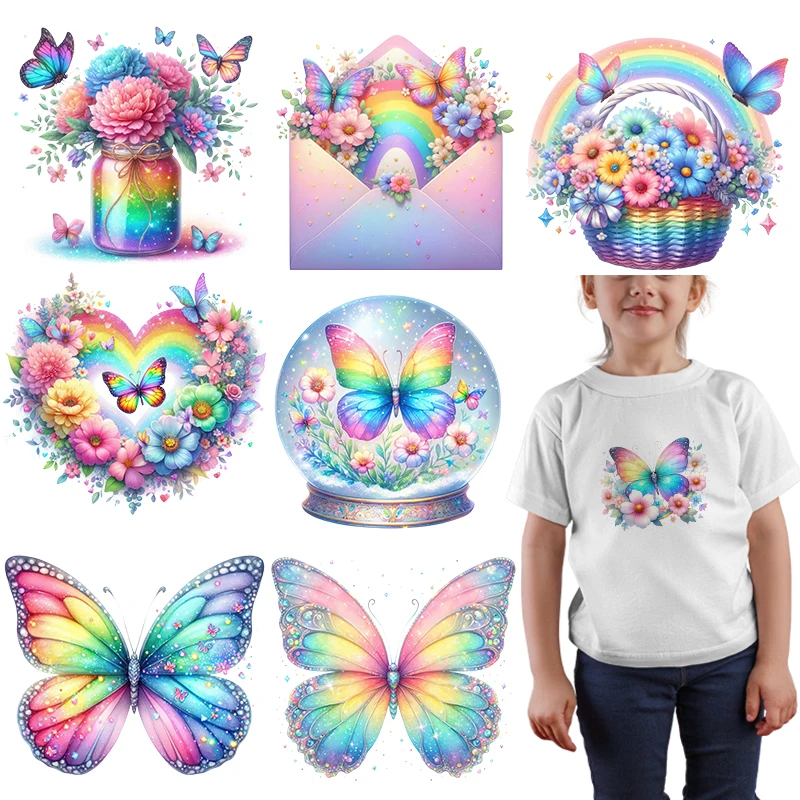 Watercolor rainbow butterflies and flowers dtf transfers ready to press patches for clothing iron on heat transfer