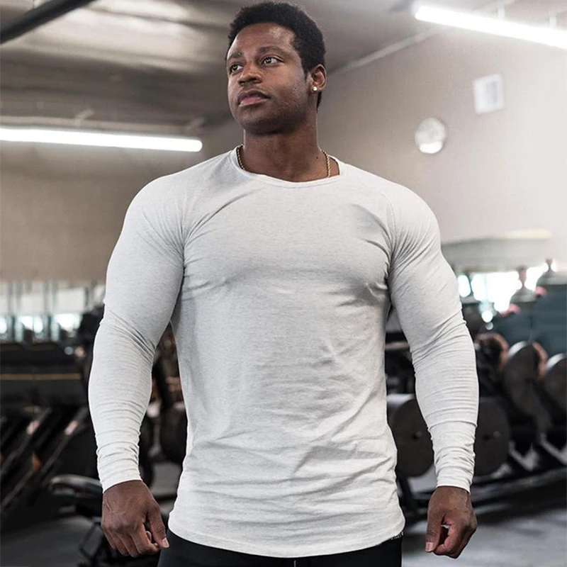 Herren Herbst Plain Fitness Langarm Slim Fit Shirts Gym Bodybuilding Wrkout Muskel Sport T-shirts Baumwolle Atmungsaktive Kleidung