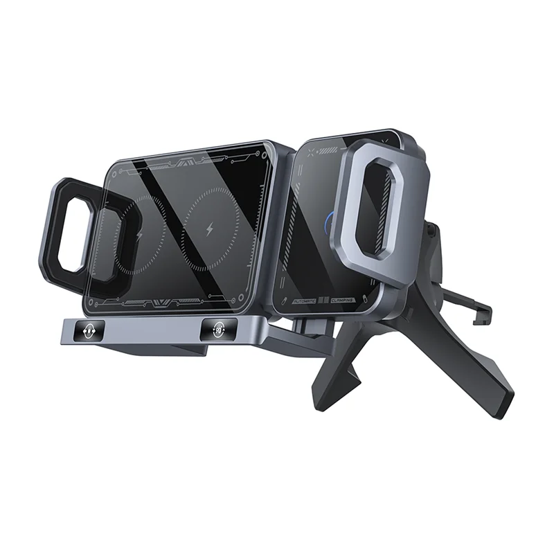ABKI-Car bezprzewodowa ładowarka 15W podwójna cewka uchwyt na telefon na nawiew samochodowy One-Touch obrotowy uchwyt na telefon na nawiew samochodowy Forfold ekran telefonu