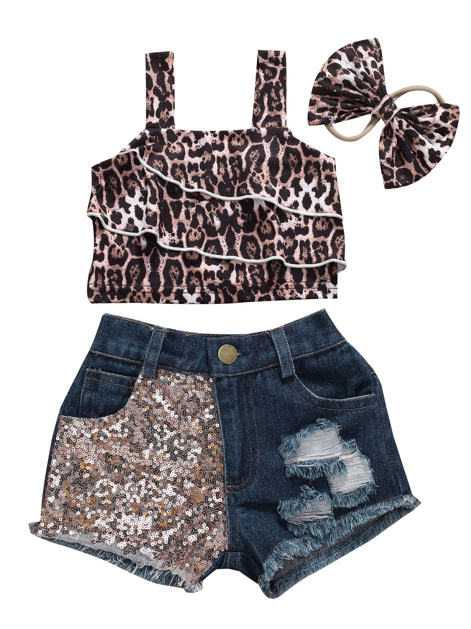 Baby Girls Summer Outfit Toddler Sleeveless Leopard Crop Top Patchwork Denim Shorts Bowknot Headabnd