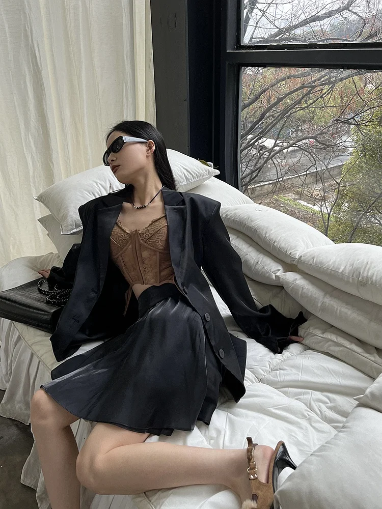 

VCansy New Sle Women's Breathable Satin Long Sve Suit Jaet And A-Line Skirt Set Faionable Polyester Fiber