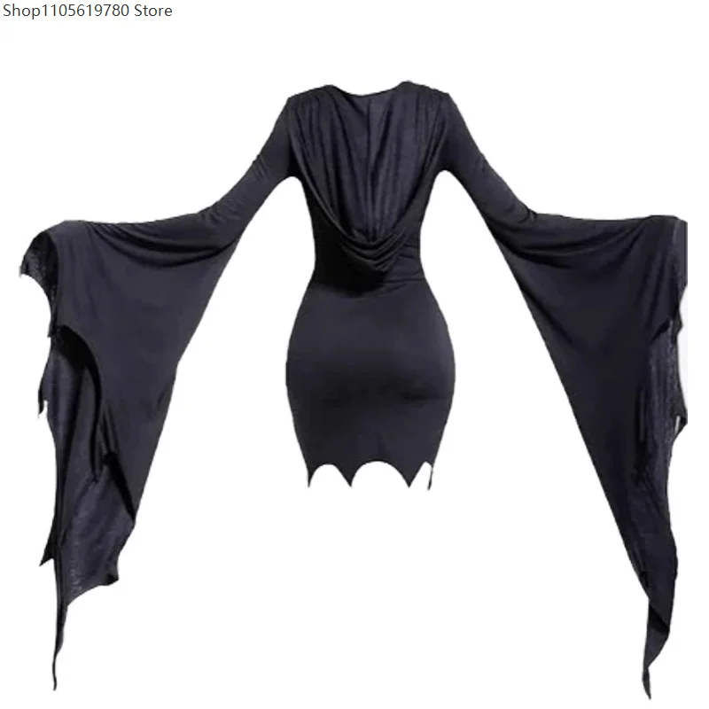 Scary Ghost Witch Cosplay Dress Adult Womens Horror Gothic Hooded Mini Gown With Bat Sleeves Pagan Outfit Carnival Outfit WUBIN