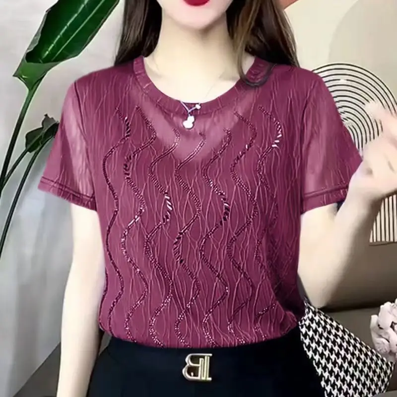 

Женская одежда, новинка лета 2025 года, свободные корейские топы, офисные женские рубашки, модные блузки с круглым вырезом и короткими рукавами, блестки с бриллиантами
