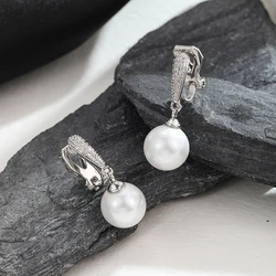 Korean Silver Micro Inlaid Zircon Pearl Clip Earrings for Women Elegant Exquisite Luxury Pendant Earring Wedding Party Jewelry
