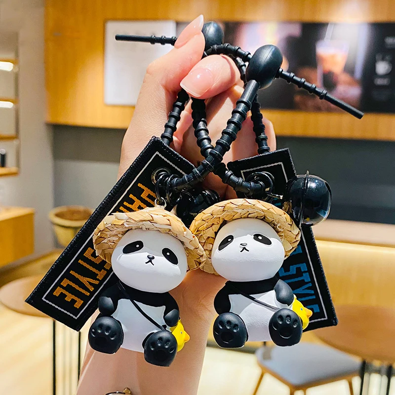 Creative Straw Hat Good Partner Panda Animal Hand Chain Keyring Cute Bell Pendant Yellow Duck Satchel Panda Doll Keychain Female