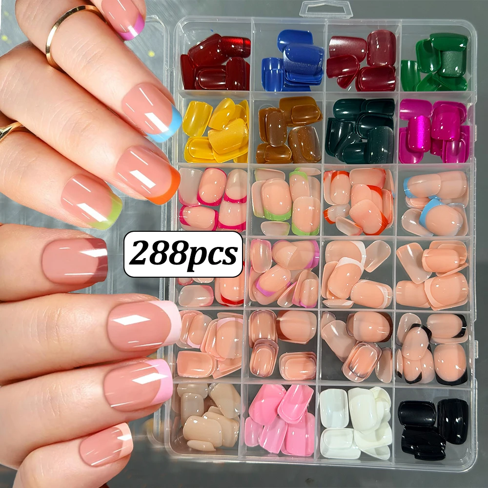 

288pcs Short Square Mixed Style False Nails Colorful French/Cat's Eye/Solid Acrylic Full Cover Press on Nails Glossy Women Fake#