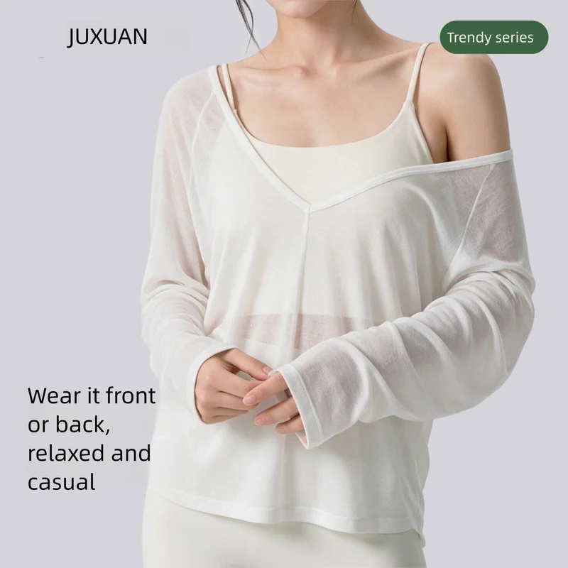 Women's Loose V-Neck Long Sleeve Yoga Cover Up Top 2-Way Wear Fitness Pullover Lightweight Breathable Pilates Sports Blouse