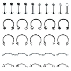 30Pcs Surgical Steel Body Piercing Jewelry Lot Bulk Nose Ring Tongue Bar Lot Eyebrow Labret Piercing Set Horseshoe Ring Lot Pack
