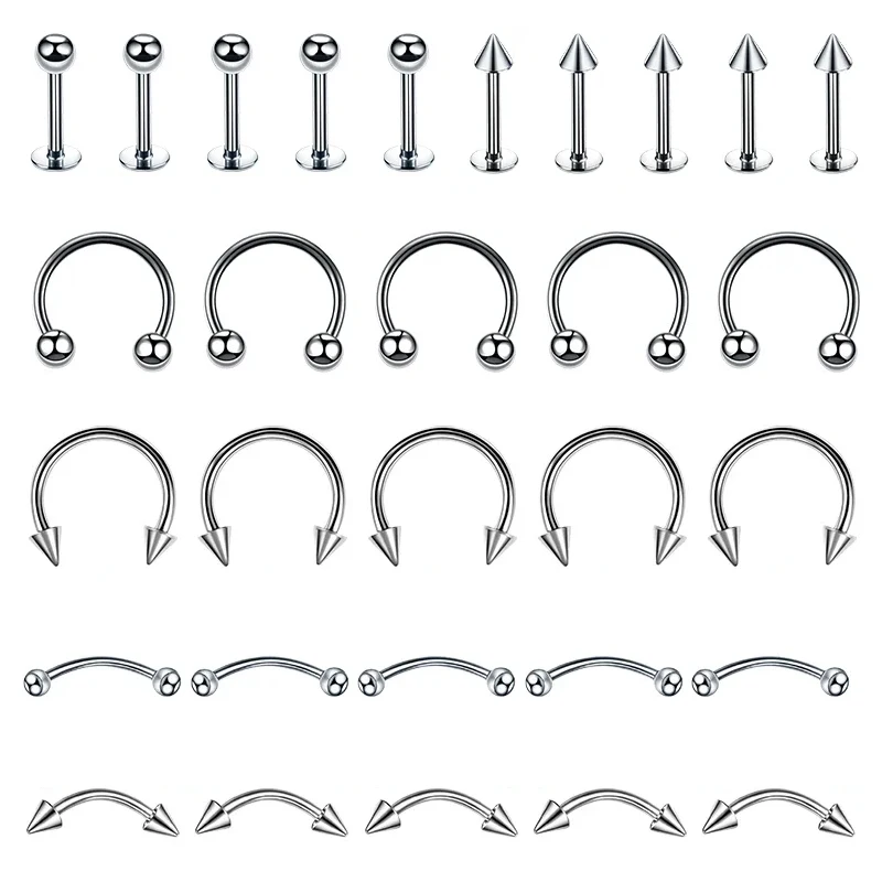 30Pcs Surgical Steel Body Piercing Jewelry Lot Bulk Nose Ring Tongue Bar Lot Eyebrow Labret Piercing Set Horseshoe Ring Lot Pack