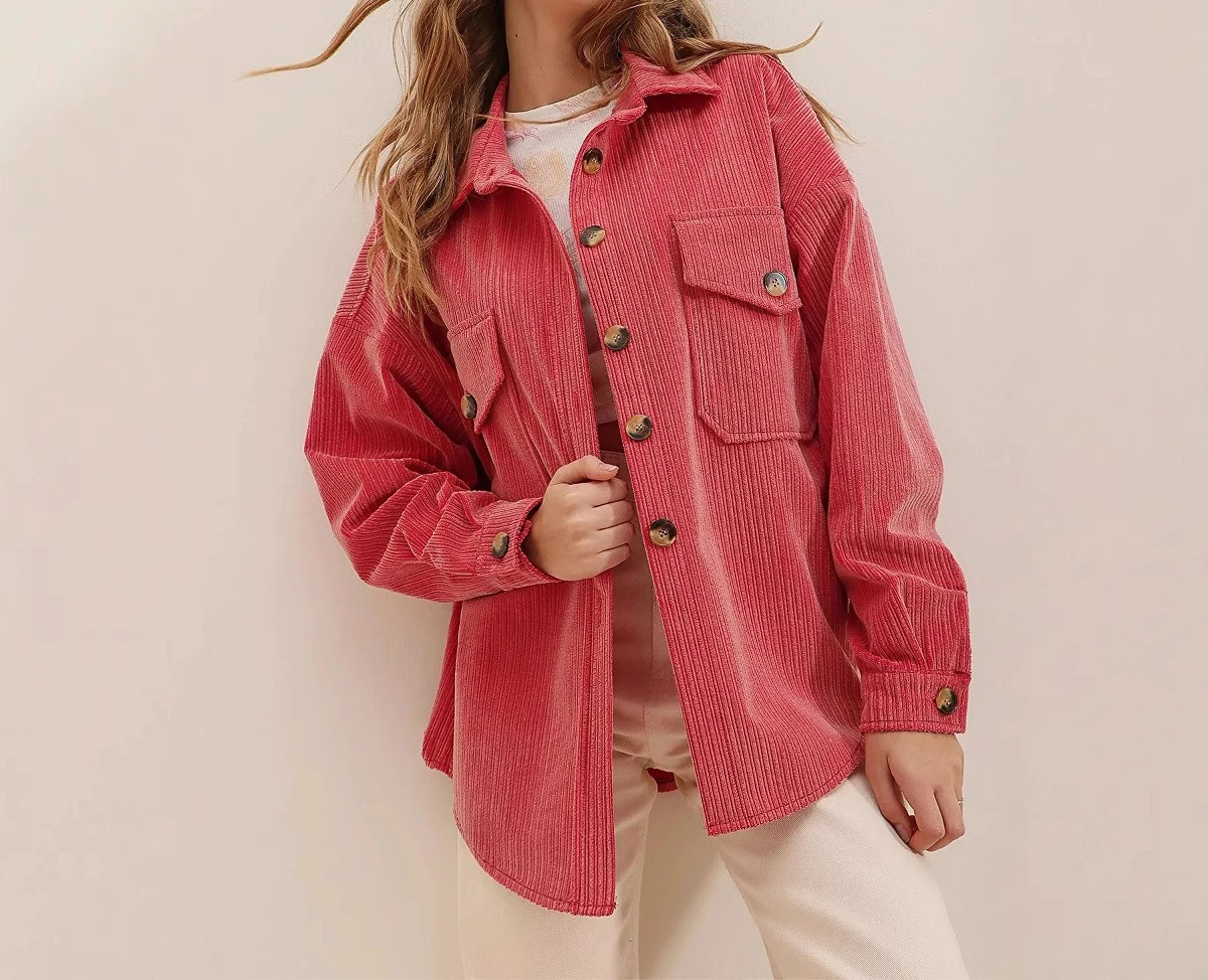 

Women's Outerwear 2025 New Loose Corduroy Pocket Long Sleeved Irregular Cardigan Shirt for Women