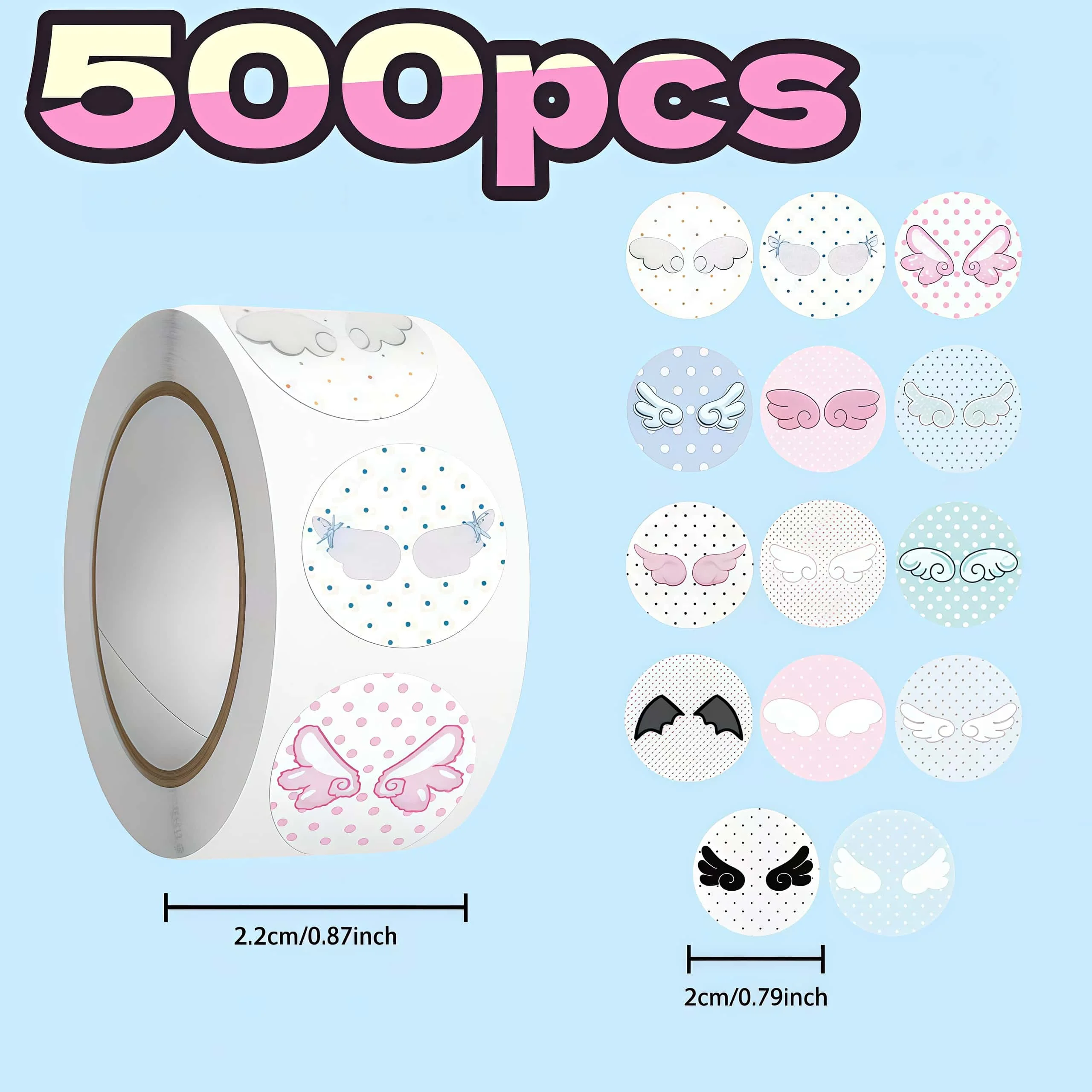 500Pcs Cute Round Wing Stickers, Polka Dot Angel & Devil Wing Decals, Decorative Labels for Gift Packaging Envelope Journal