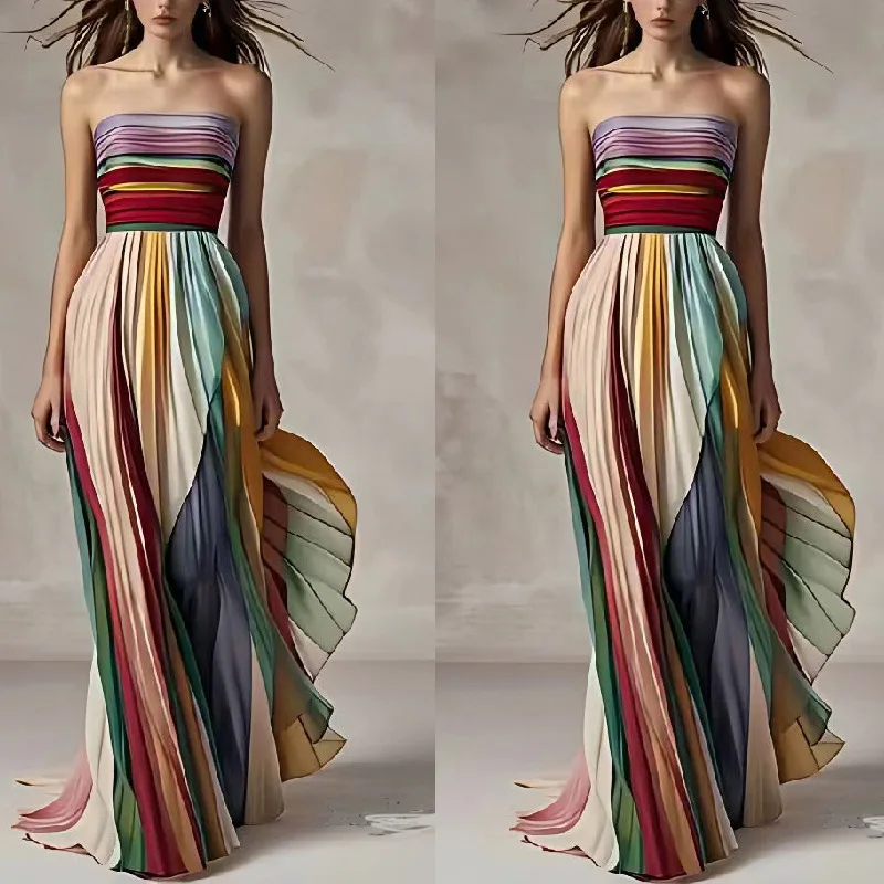 Elegant Women Rainbow Party Dress Sexy Fashion Strapless Off Shoulder High Waist Corset Folds Evening Floor Length Dress vestido