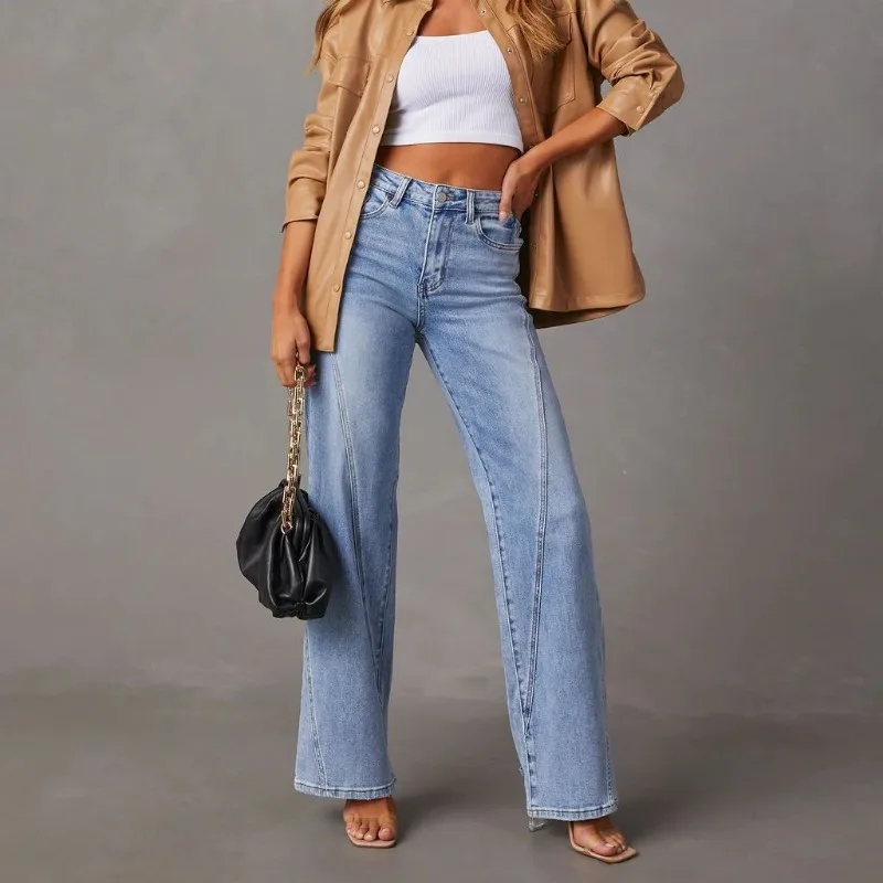 

New Fashion Women's Loose Splicing Wide Leg Jeans Street Trendsetters Female Clothing Casual Personalized Flared Denim Pants