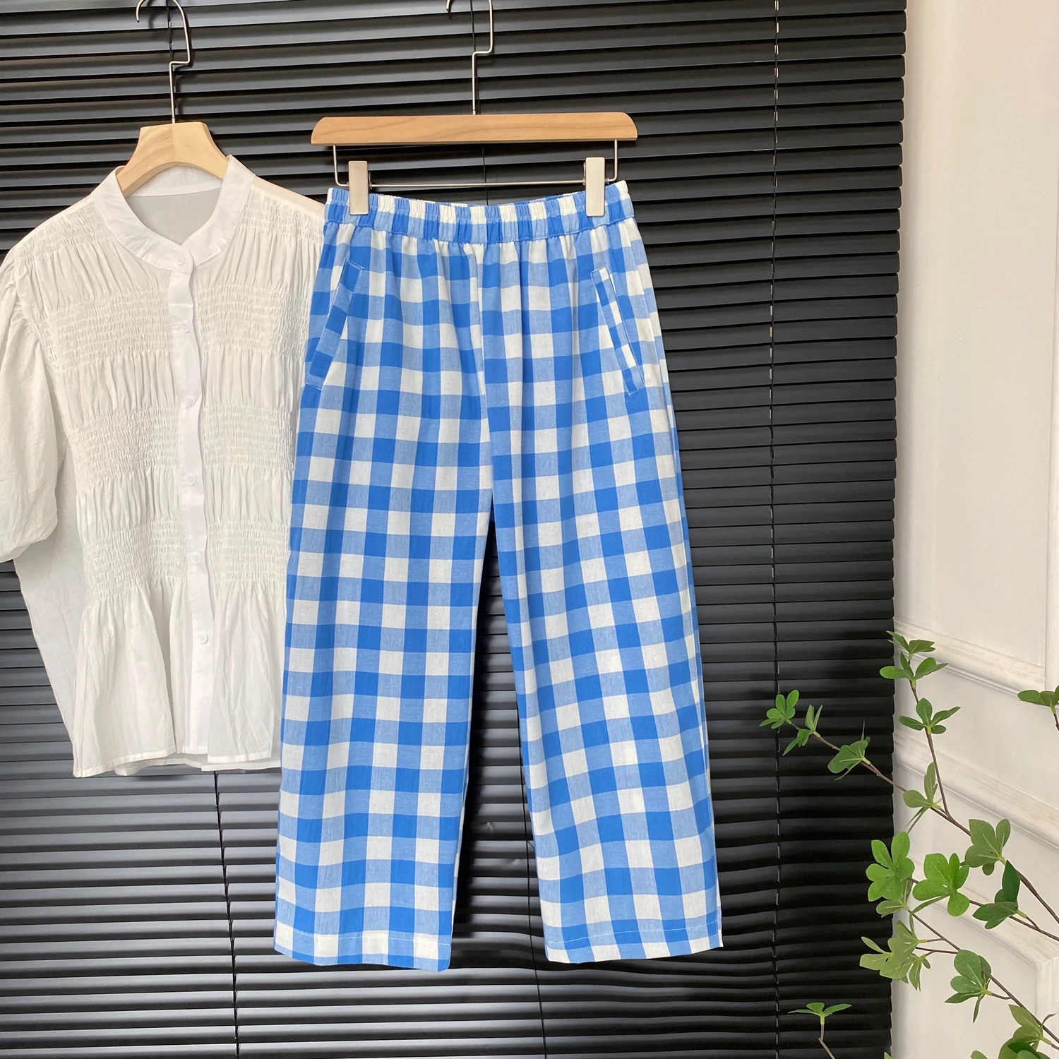 

Ретро клетчатые хлопковые льняные свободные тонкие широкие брюки с девятью очками, повседневные брюки, женские прямые брюки-трубы с высокой талией, летний сезон