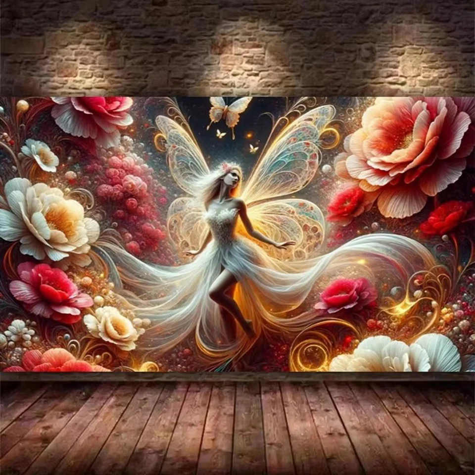 Stunning Floral Fantasia Butterfly Wings Fairy 5D Diy Diamond Painting Cross Stitch Kits Large Size Diamond Mosaic Home Decor