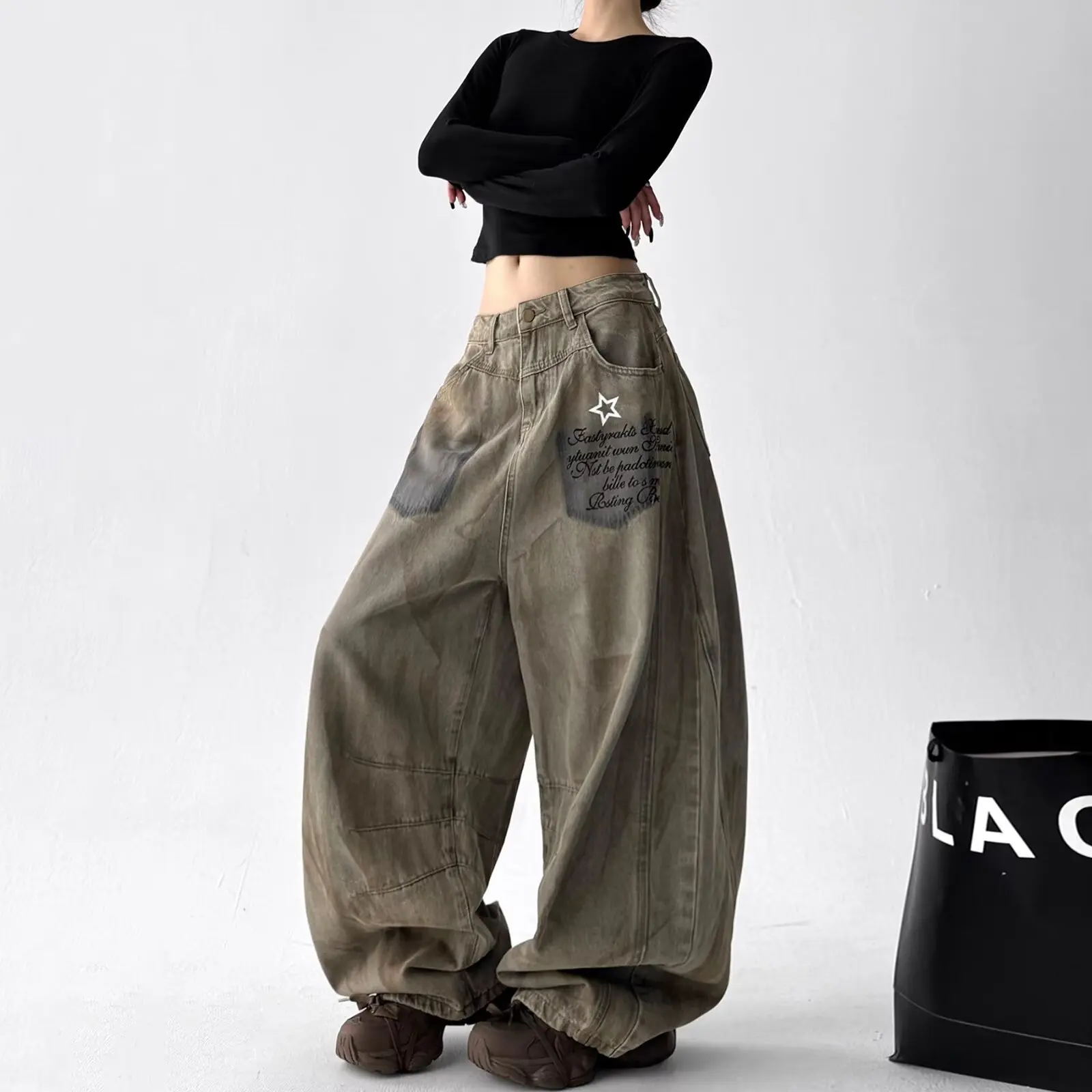 

2026 New Autumn Women's American Loose Jeans High Waist Wide Leg Baggy Hip Hop Casual Streetwear Jazz Dance Pants