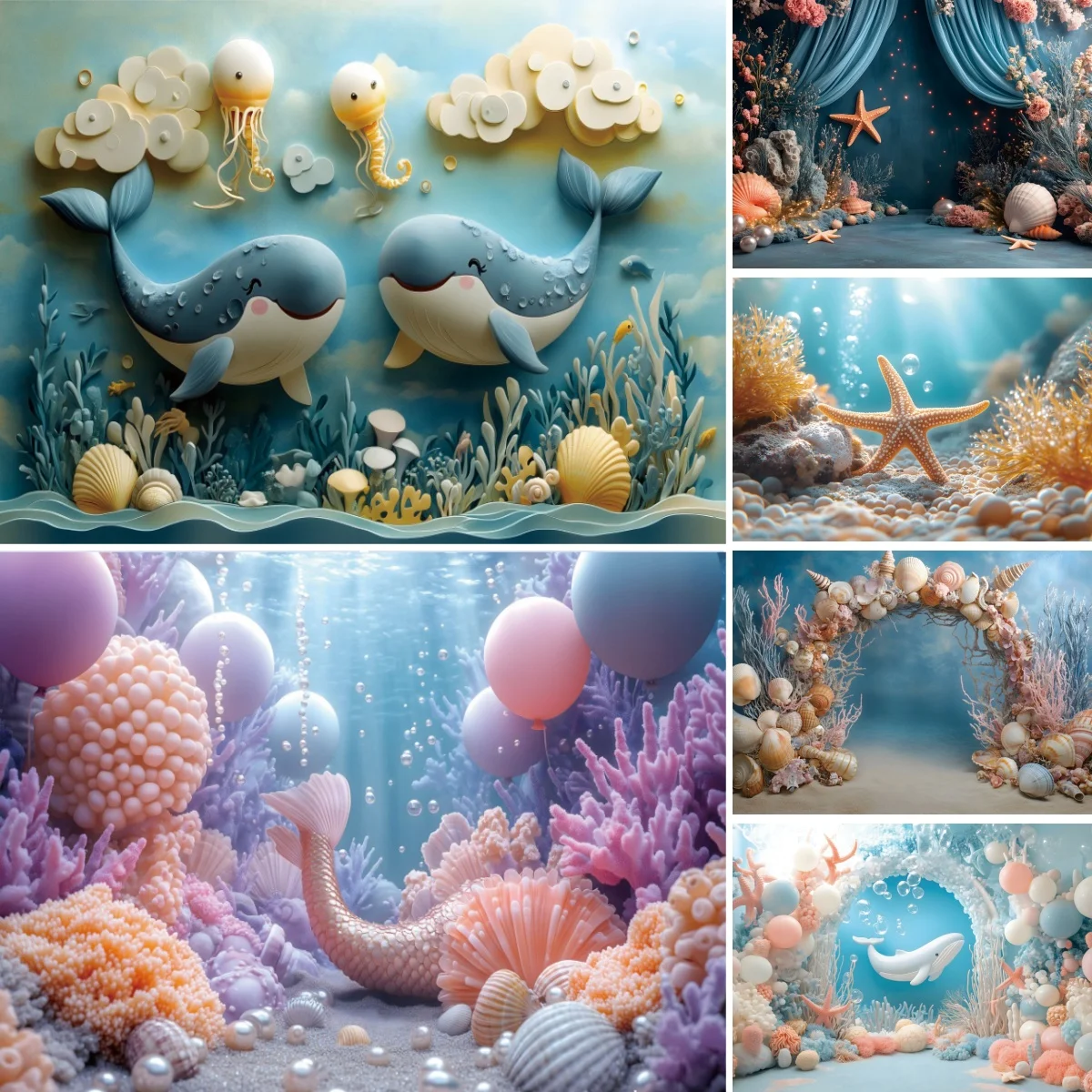 Underwater World Backdrop Blue Ocean Dolphin Starfish Shell Coral Pearl Mermaid Baby Shower Newborn Birthday Party Background