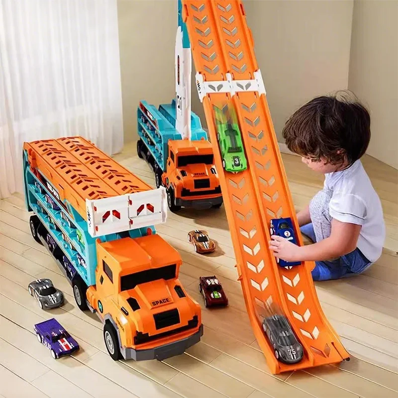 

Deformed Rail Car 3 Layer Folding Freight Truck Glide Lift Racetrack Inertia Alloy Racing Car Transport Toy Kid Birthday Gift