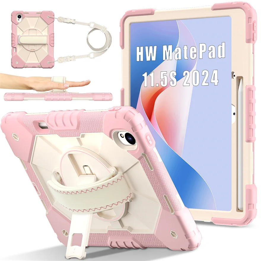 

For Huawei Matepad 11.5S 2024 Case Silicone Heavy-duty Protection Shockproof 360° Rotating Strap Handle Bracket Tablet Case