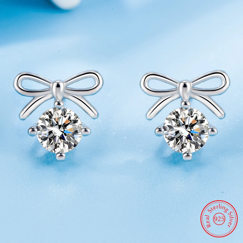 

925 Sterling Silver Jewelry Fashion Bow Zircon Crystal Stud Earrings For Women New XY0255