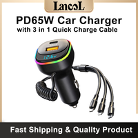 K2 Car Charger With Cable PD 65W Fast Charge 3 In 1 1.2 Meter Charging Cable USB-C Huawei Apple Android Quick Charge