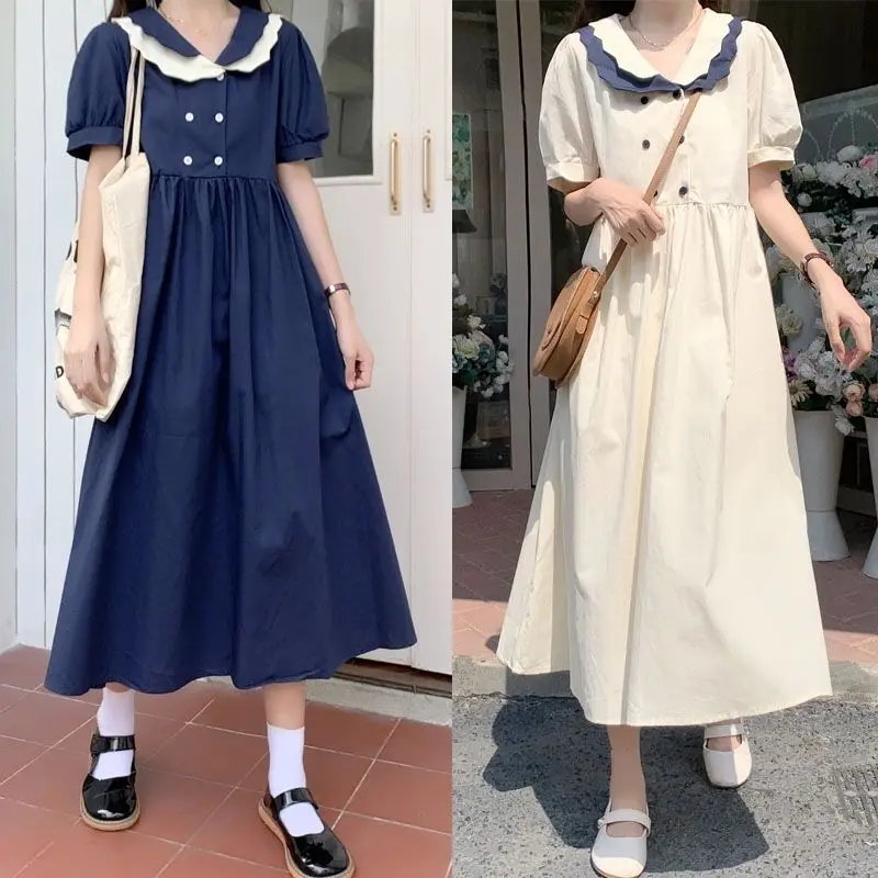 Women Dresses Plus Size 2024 Summer French Style Doll Neck Dress Women's Slim Dress Contrasting Colors Long Female Clothing D207