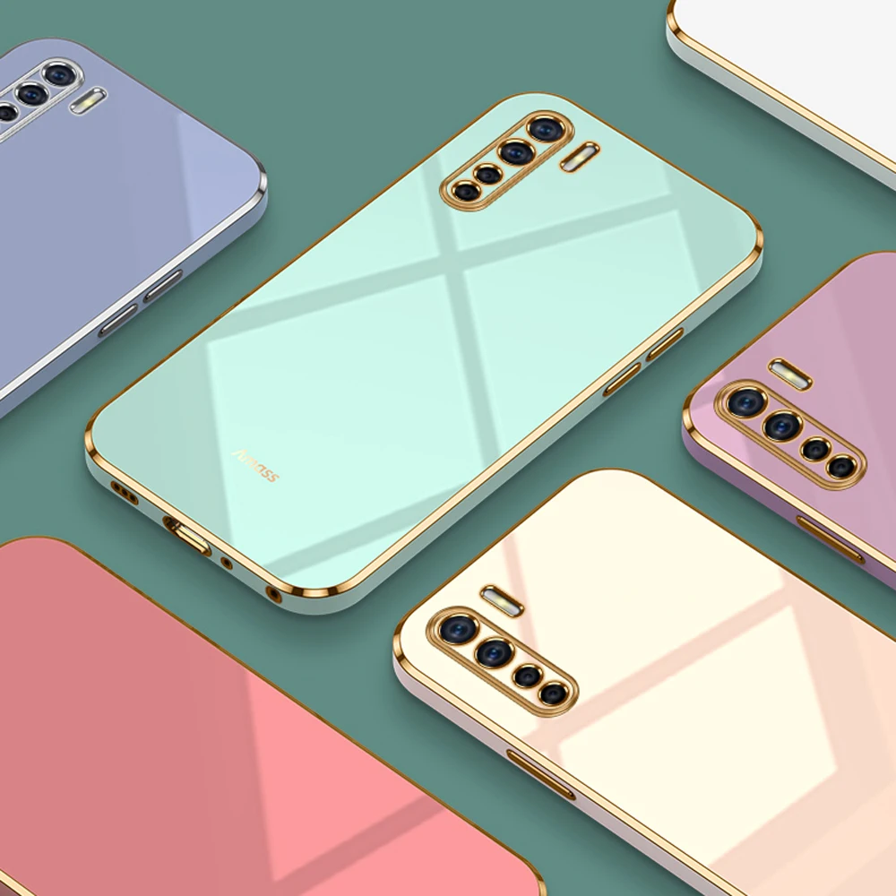 For OPPO A91 Case Luxury Square Plating oppo Reno3 Phone Case CPH2043 CPH2001 CPH2021 Case ShockProof Silicone Back Cover Fundas