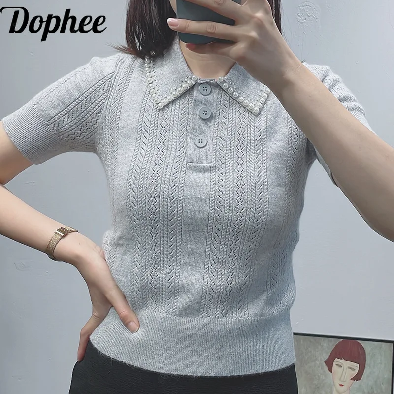 

High Quality Spring Summer Women Short Sleeve T-shirt Elegant Beads Turn-down Collar POLO Shirt Pullovers Casual Knitted Top