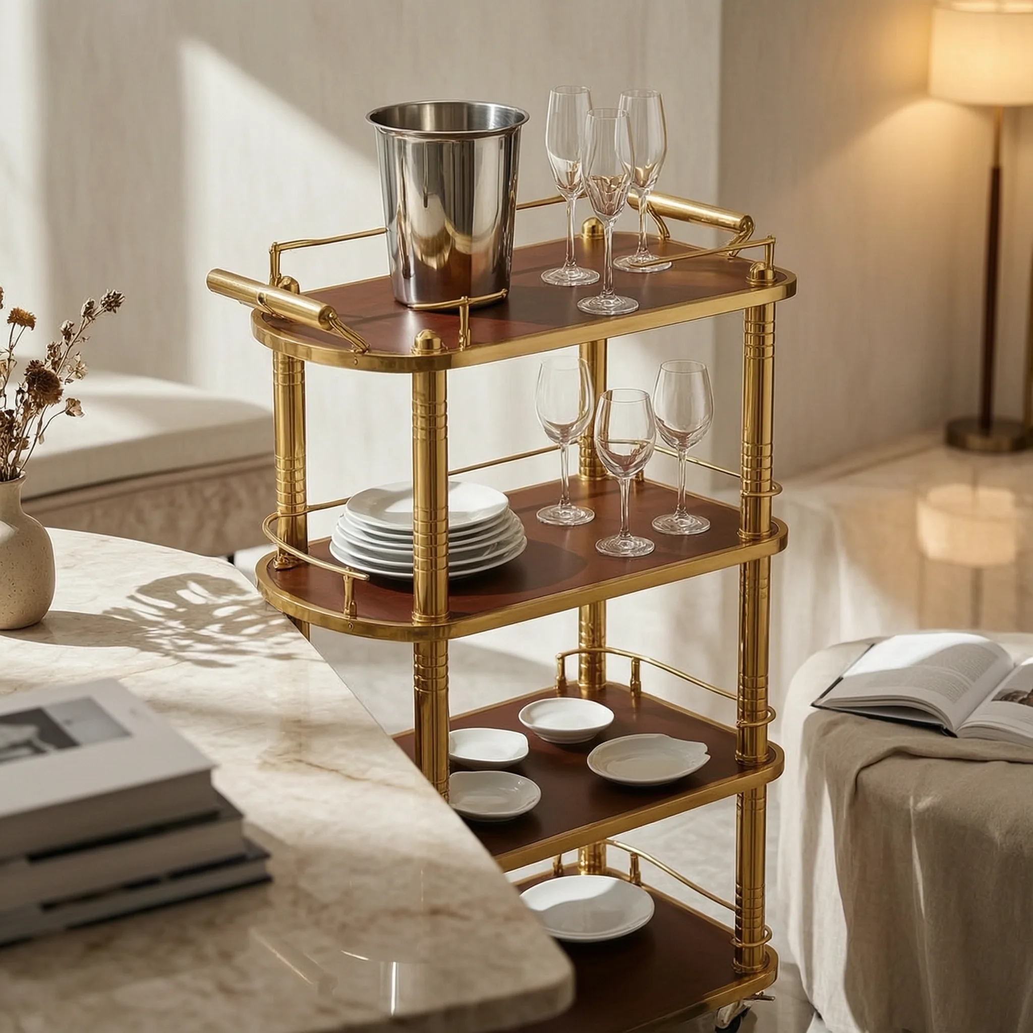 3-Tier Serving Cart Wheeled Oval Service Cart Elegant Spacious for Hosts, Dining Room, Kitchen