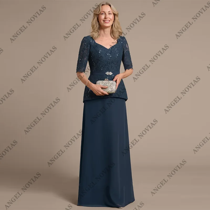 Personalizado longo feminino azul marinho mãe da noiva vestidos para casamentos vestidos de convidados apliques vestido de festa de casamento