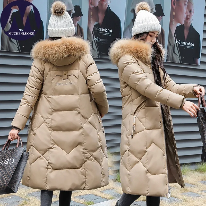 เสื้อแจ็คเก็ตดาวน์ฤดูหนาวสำหรับผู้หญิง ดีไซน์หรูหรา มีฮู้ด แต่งขนเฟอร์ หนา อุ่น ทรงเข้ารูป สไตล์เกาหลี ความยาวปานกลาง