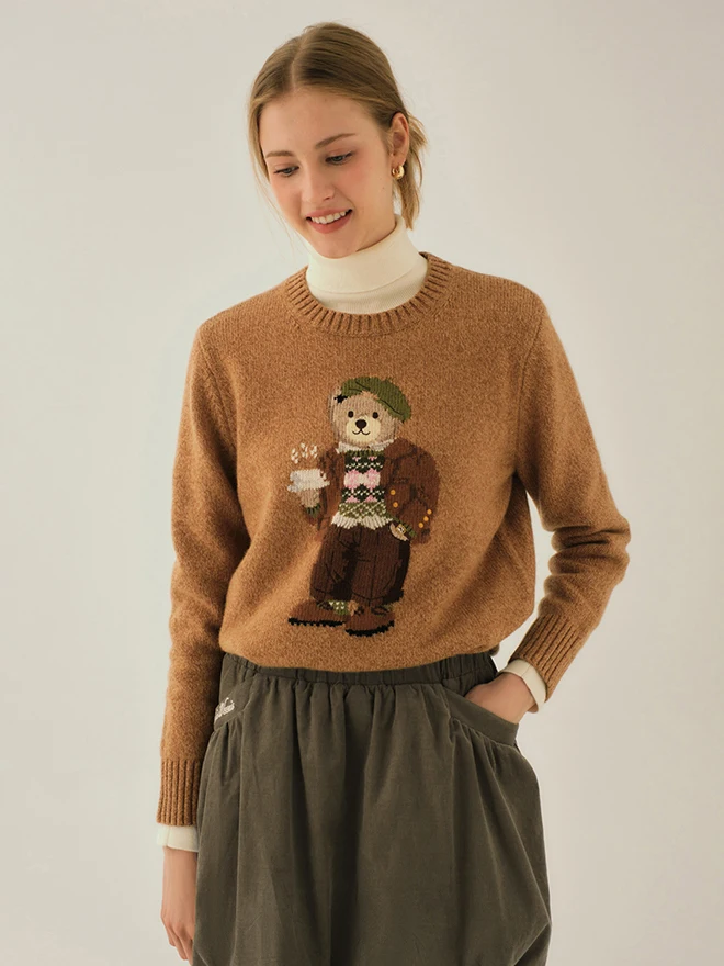 

Bear 2024 Winter Knitted Sweater Women's Overlap Wear Crew Ne Pullover Long Sve round Ne Regular Fit Knitwear TTKW248V36I