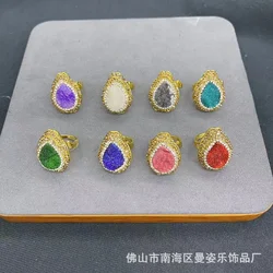 Natural agate crystal teeth European soft pottery craft inlaid live ring European and American export popular jewelry