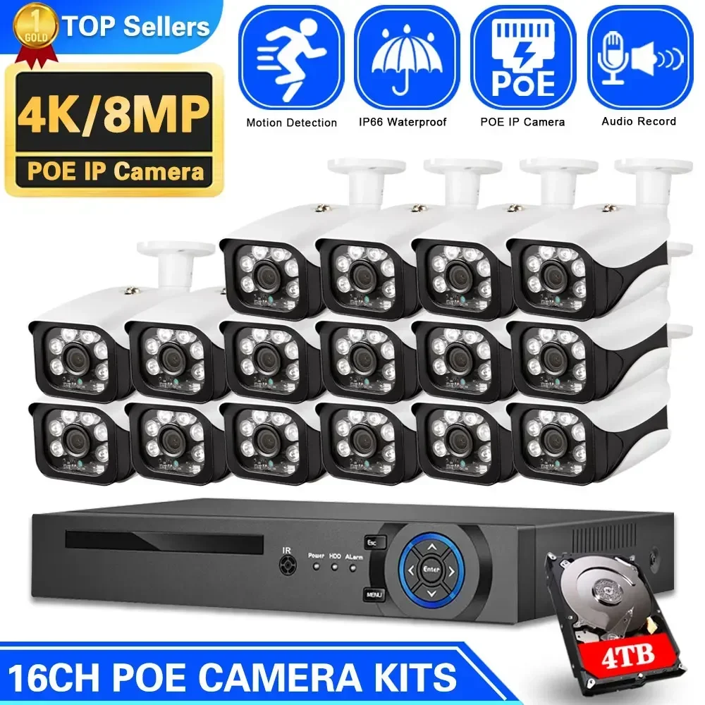 

4K 8MP POE Security Camera System 16CH P2P AI Video Surveillance Kit Audio Record Outdoor Home Street 8MP IP Camera CCTV Nvr Set