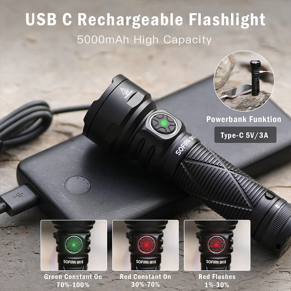 Sofirn SR15 Powerful Flashlight 4500lm Long Range 510m USB C Reverse Charge Torch IP68 Waterproof for Camping Fishing Exploring