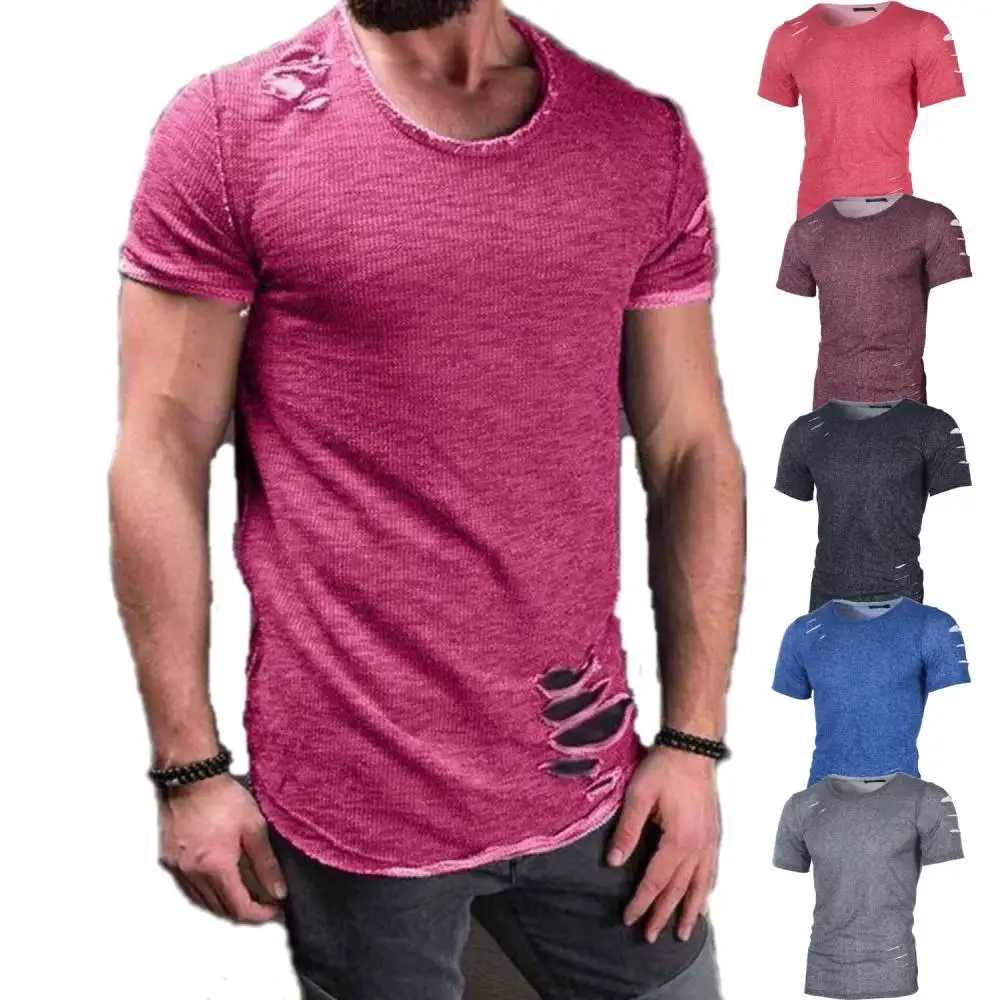 

NEW Trendy T-Shirt O-Neck Ripped Hole Distressed Short Sleeve Mens Tshirts Youth Hip Hop Streetwear Casual Tops Tees Camisetas