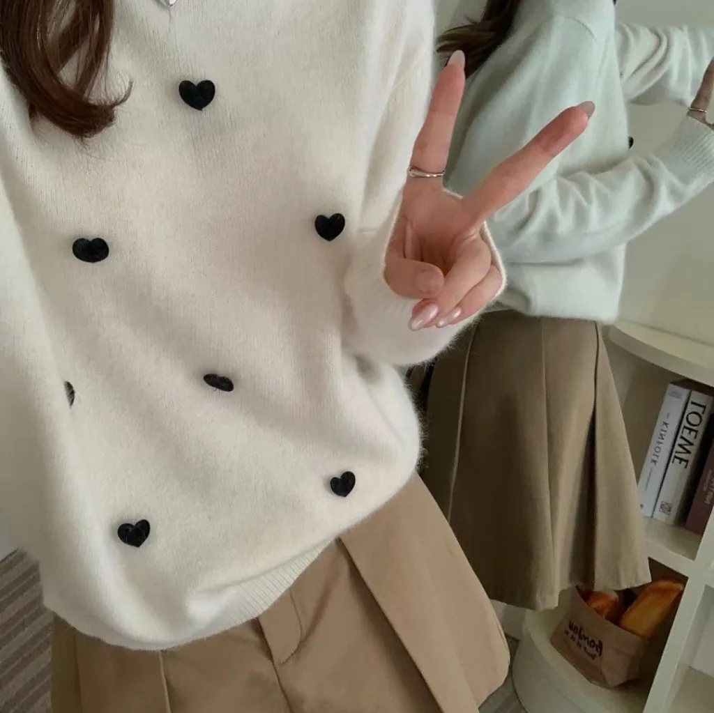 女性用ハートレースセーター,カジュアル,ラウンドネック,ニット,快適,トレンディ,ルーズトップス,秋冬,ニューコレクション2022