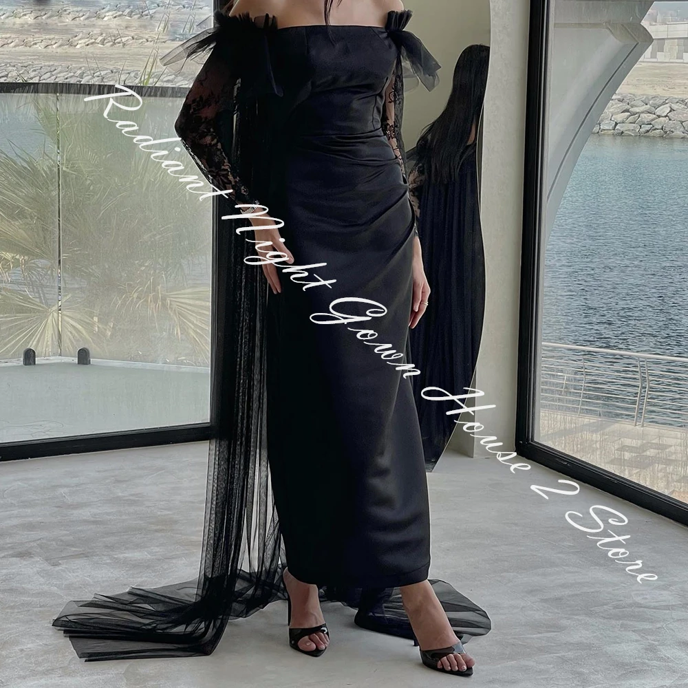 Customized Jersey Straight Off the Shoulder Evening Dress Ankle Length Strapless Long Sleeves Watteau Train Black Graceful