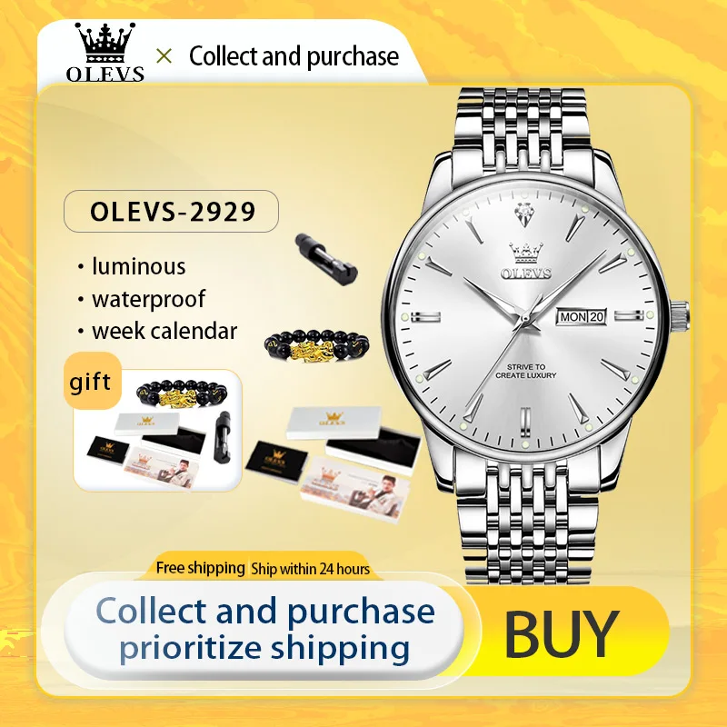 OLEVS Fashion Brand Trend Men's Watches Stainless Steel Waterproof Dual Calendar Quartz Watch Simplicity Butterfly Buckle Watch