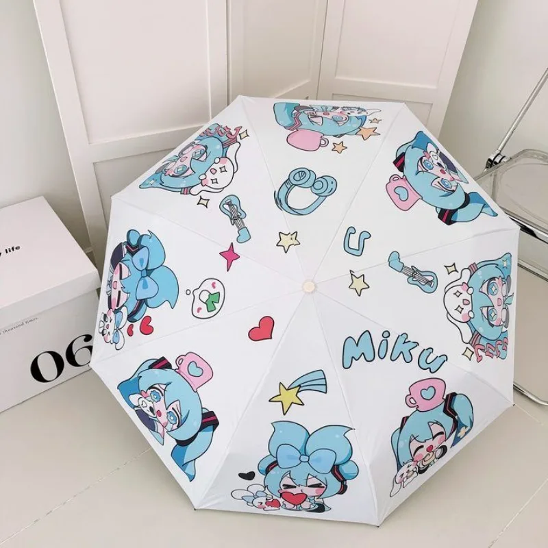 Hatsune Miku Cartoon Cute Stainless Steel Three-fold Automatic Umbrella Summer Rainproof Sunscreen UV Protection Sun Umbrella