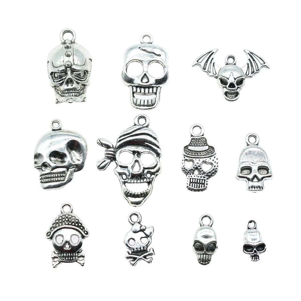 20pcs Skull Charms Antique Silver Color Cute Skull Charms Pendants For Bracelets Bat Skull Charms Making Jewelry