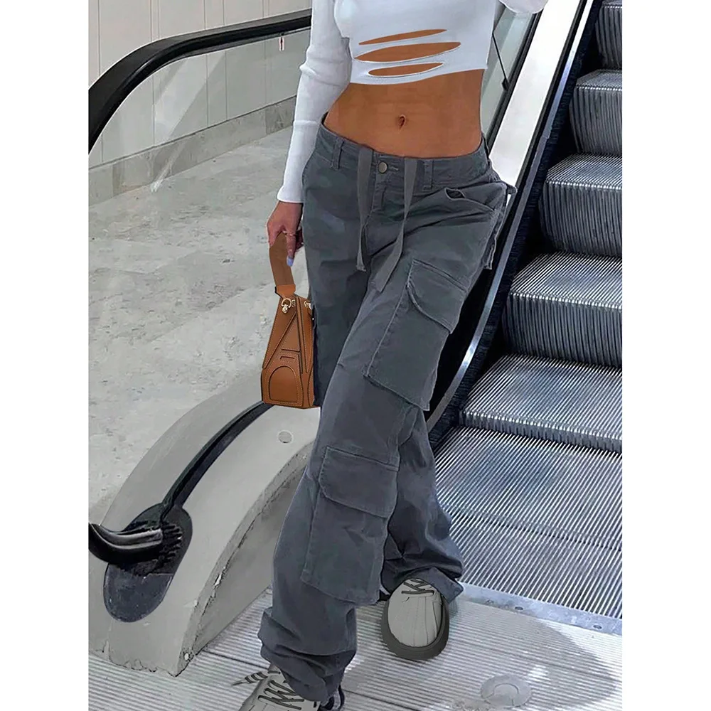Women's Cargo Pants Low Waist Multi-Pocket Streetwear Hip Hop Loose Fit Trousers