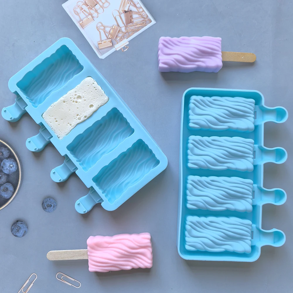 1pc 4-cavity creative popsicle silicone mold 3D rectangular wave ice cream tray DIY cake chocolate baking mold