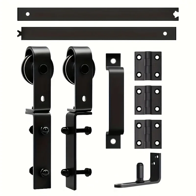 Space saving folding barn door hardware kit with smooth slide rail system and side mounted rollers - metal finish