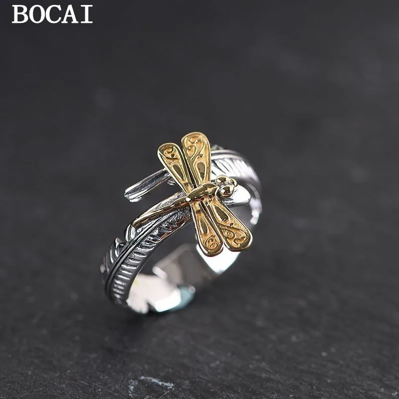 

BOCAI S925 Серебряное ретро модное открытое кольцо с перьями и золотой стрекозой, женский подарок